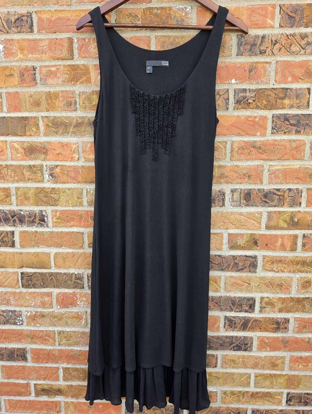Eileen Fisher 100% Silk Black Ruffle Bib Layered Hem Maxi Dress M
